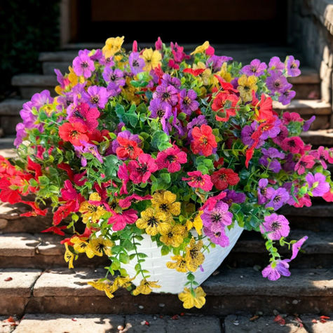 12 Bundles, UV Resistant Artificial Flowers for Outdoor, Garden & Porch Decoration – Faux Silk Daisies with Eucalyptus Leaves, Fake Plants for Patio, Front Yard & Home Decor (Red,Purple,Yellow,Pink)