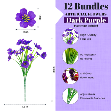 12 Bundles, UV Resistant Artificial Flowers for Outdoor, Garden & Front Yard Decoration - Faux Silk Daisies, Fake Plants Ideal for Porch, Patio, Indoor and Home Decor (Dark Purple)