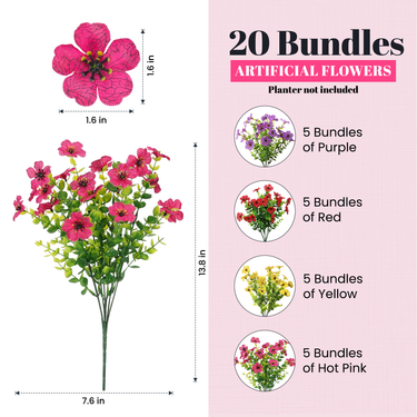 20 Bundles UV Resistant Artificial Daisy Flowers for Outdoors – Faux Silk Daisies with Eucalyptus Leaves for Garden, Porch, Patio, Front Yard & Home Decor (Red,Purple,Yellow,Pink)
