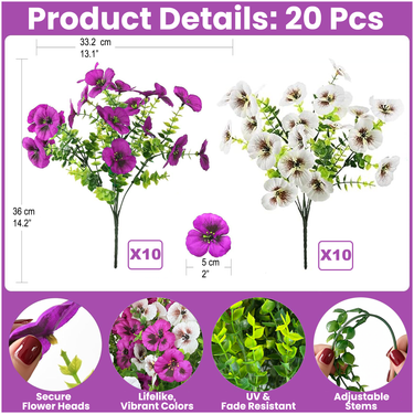 20 Bundles UV Resistant Artificial Pansy Flowers for Outdoors – Faux Silk Pansies with Eucalyptus Leaves for Garden, Porch, Patio, Front Yard & Home Decor (Purple & White)