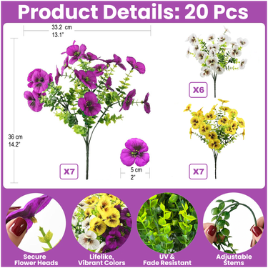 20 Bundles UV Resistant Artificial Pansy Flowers for Outdoors – Faux Silk Pansies with Eucalyptus Leaves for Garden, Porch, Patio, Front Yard & Home Decor (Purple, Yellow, White)