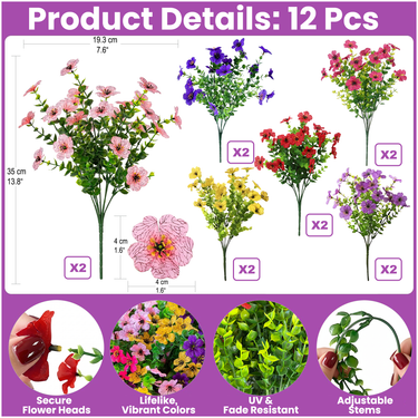 12 Bundles UV Resistant Artificial Daisy Flowers for Outdoors – Faux Silk Daisies with Eucalyptus Leaves for Garden, Porch, Patio, Front Yard & Home Decor (Red,Purple,Yellow,Pink)