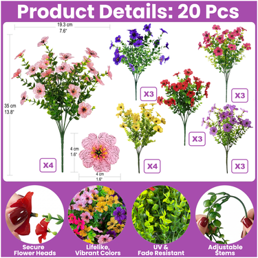 20 Bundles UV Resistant Artificial Daisy Flowers for Outdoors – Faux Silk Daisies with Eucalyptus Leaves (Multicolor)