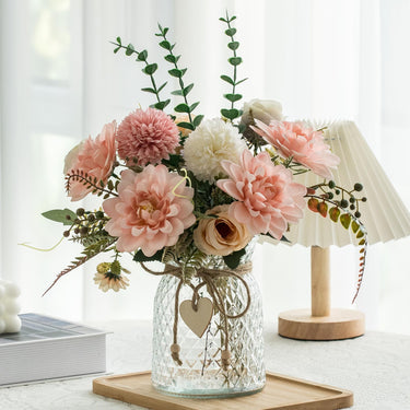 Silk Pink Dahlia Fake Flowers with Vase