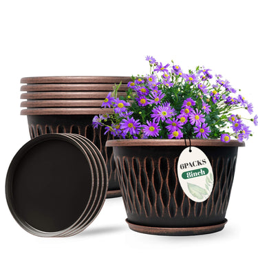 Retro Striped PP Plastic Plant Pot with Drainage & Saucer